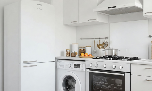 Cozinha moderna com eletrodomésticos da linha branca: geladeira Frost-Free, fogão de quatro bocas, máquina de lavar e micro-ondas, organizados de forma funcional e harmoniosa. A imagem transmite praticidade, organização e um ambiente aconchegante.