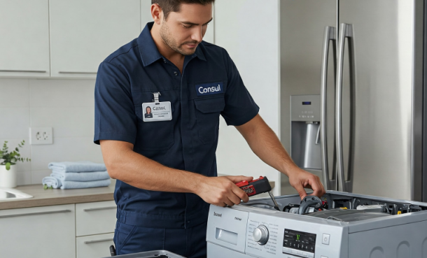 Técnico da Catel, uniformizado e com crachá de identificação, realizando manutenção em uma máquina de lavar Consul em uma lavanderia moderna. Ao fundo, uma geladeira Brastemp é visível, destacando a conexão com as marcas. A imagem transmite profissionalismo, segurança e qualidade no serviço de assistência técnica autorizada.