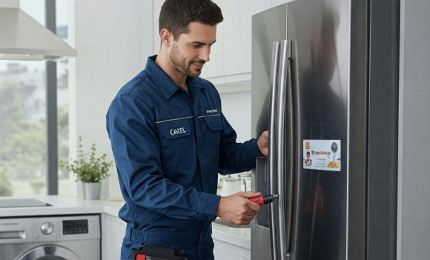 Técnico da Catel, uniformizado e com crachá de identificação, realizando manutenção em uma geladeira Brastemp em uma cozinha moderna. Ao fundo, uma máquina de lavar Consul é visível, reforçando a conexão com as marcas. A imagem transmite profissionalismo, confiança e qualidade no serviço de assistência técnica autorizada.